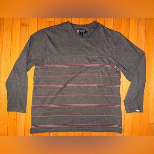 Men’s Chaps Long Sleeve V-neck Striped Shirt Soft Cotton Size XL  Gray Maroon